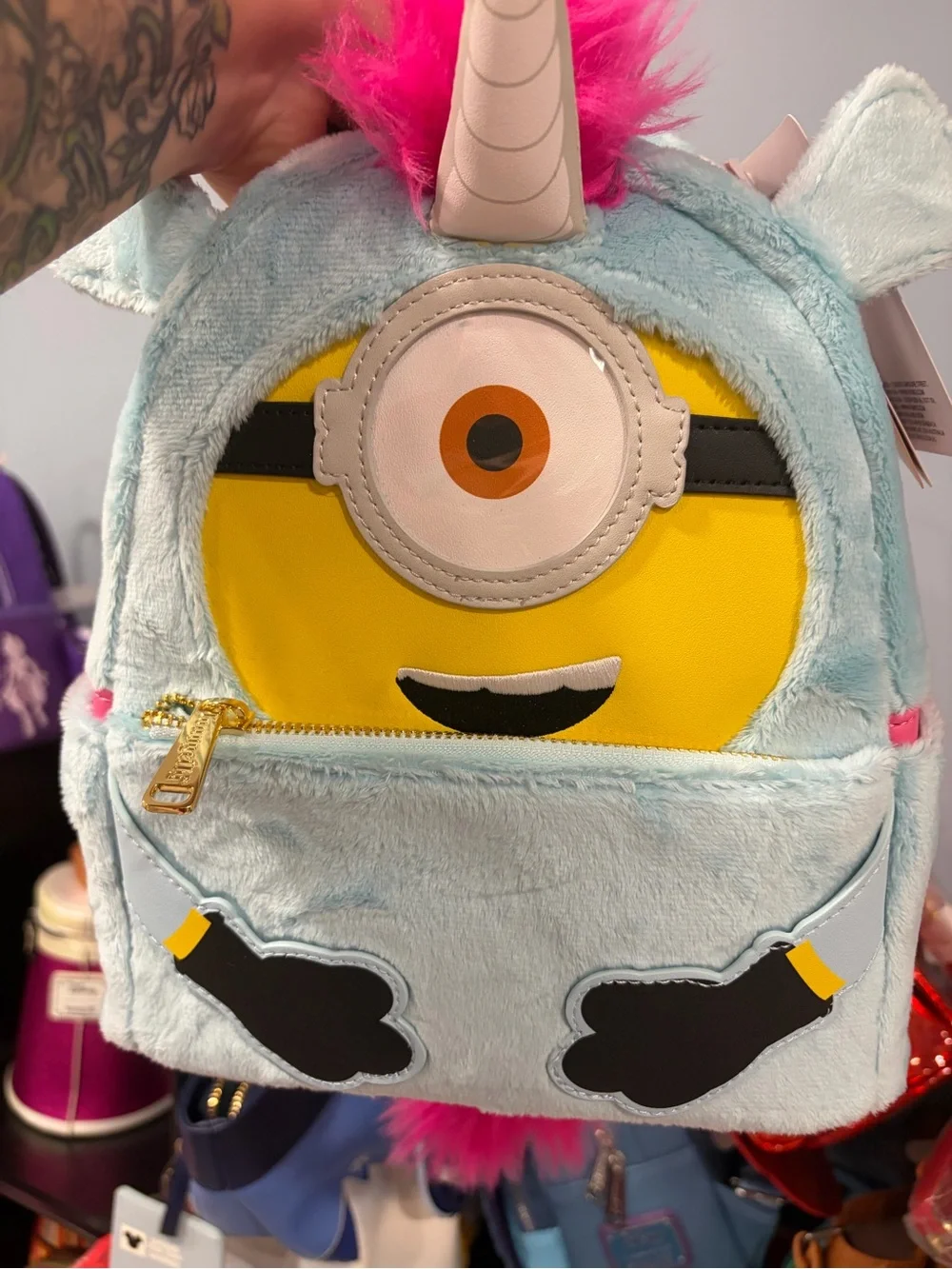 Loungefly Light Blue Pink Yellow Minion Unicorn Plush Mini Backpack